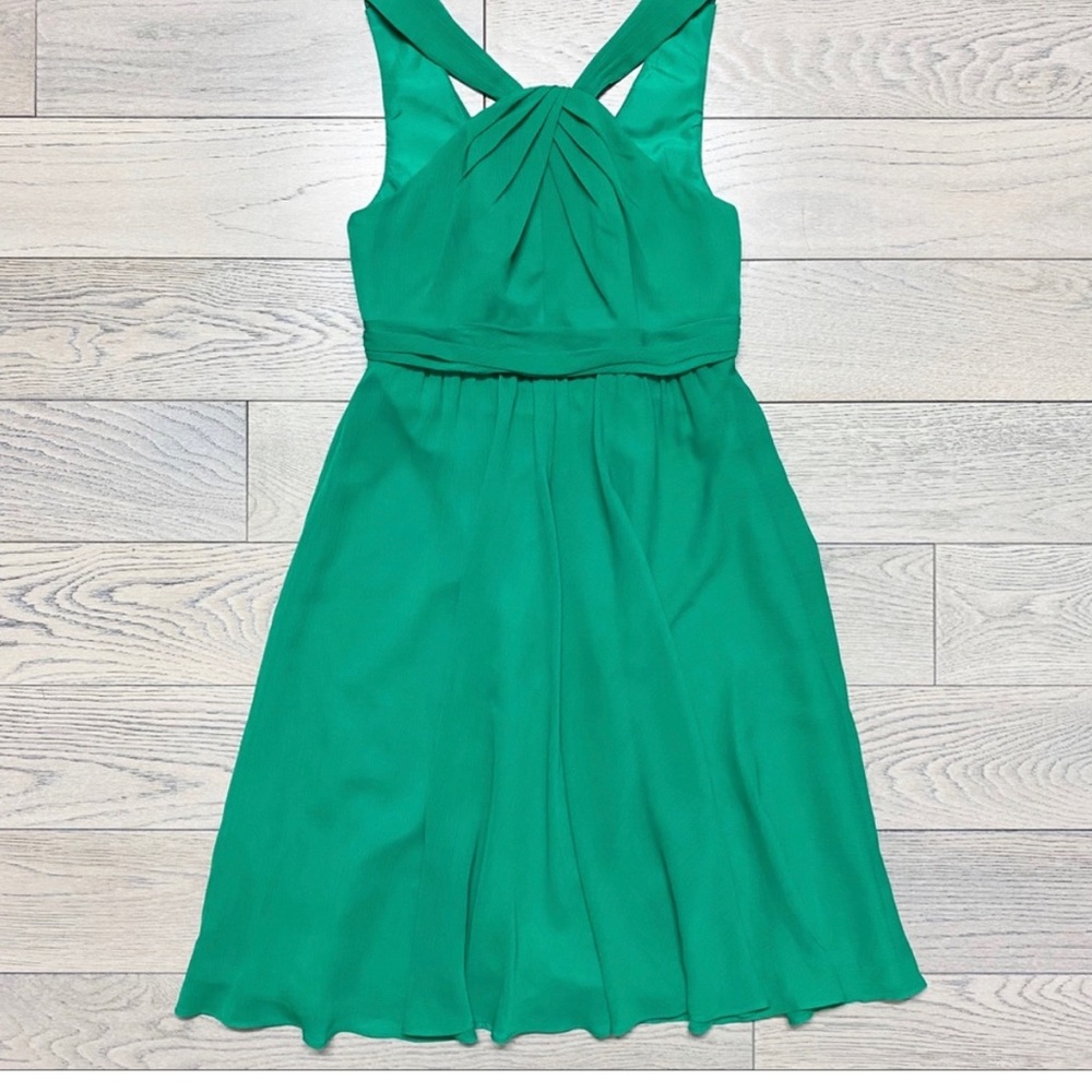 David Bridal Kelly green chiffon y neck dress-14